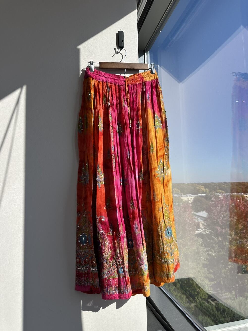 Boho Gypsy Sequin Multicolor Tie Dye Crinkle Broomstick Festival Maxi Skirt